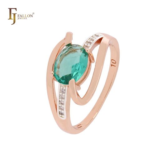 Oval solitaire green cz ribbon 585 Rose Gold two tone engagement Rings