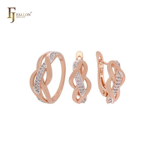 Ineinander verschlungene Bänder aus weißen Zirkoniasteinen, geometrisch gestaltete zweifarbige Moderinge aus Roségold