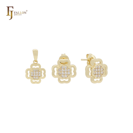 Kleines Schmuckset aus 14 Karat Gold in Kleeblattform mit weißen Zirkonia-Clustern, Anhänger und Ohrsteckern