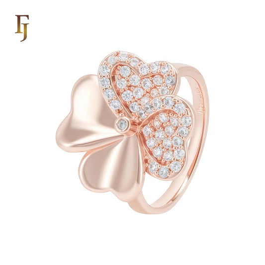 Great Spade Clover Heart flower of white CZs Rose Gold Fashion Rings