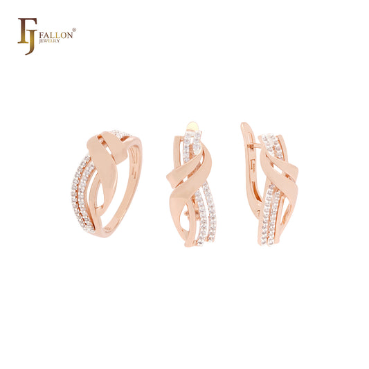 Conjunto de joias em dois tons com anéis e fitas entrelaçadas em zircônias cúbicas brancas em ouro rosa
