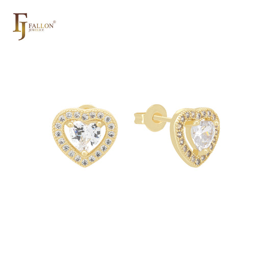 Solitaire Halo Heart of white CZs 14K Gold Stud Earrings
