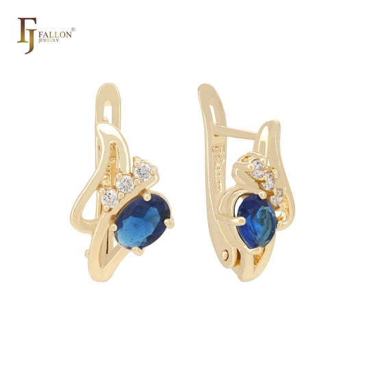 Oval Colorful CZ mixed triple white CZ 14K Gold Russian Lock Earrings