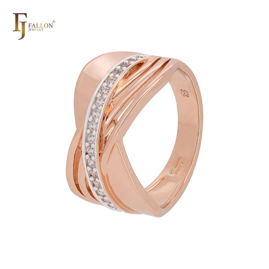 Anillos de moda bicolor en oro rosa con corte geométrico superpuesto de circonitas blancas