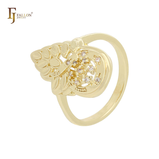 Anéis de CZ brancos com cachos de abacaxi em ouro 14K, ouro rosa e ouro branco