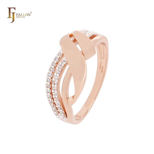Anéis de moda em dois tons com fitas entrelaçadas e zircônias cúbicas brancas em ouro rosa