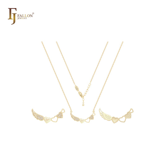 Colar com asas de anjo e zircônias cúbicas brancas com corações em ouro 14K e ouro rosa