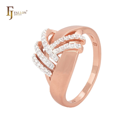 Anéis luxuosos de ouro rosa com várias faixas e fitas entrelaçadas