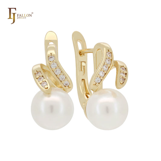 Pearl covered white CZs Rose Gold, 14K Gold Russian Lock Earrings