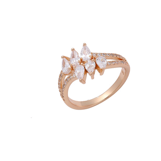 クラスター シックス ティアドロップ ホワイト CZ パヴェ 14K ゴールド、ローズゴールド ファッション リング
