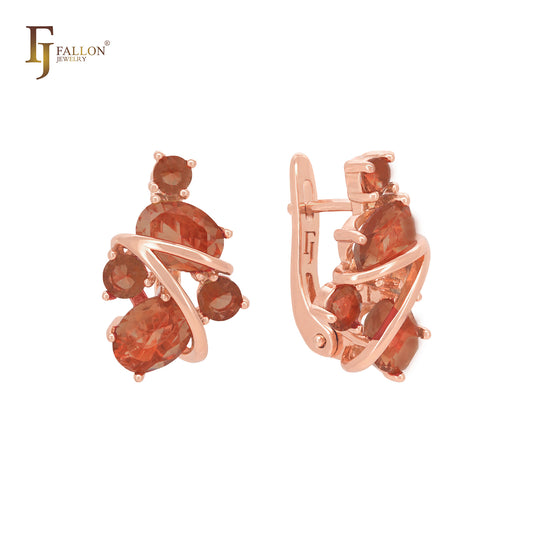 🔥 Great cluster of big CZs of red coffee Rose Gold Russian Lock Earrings