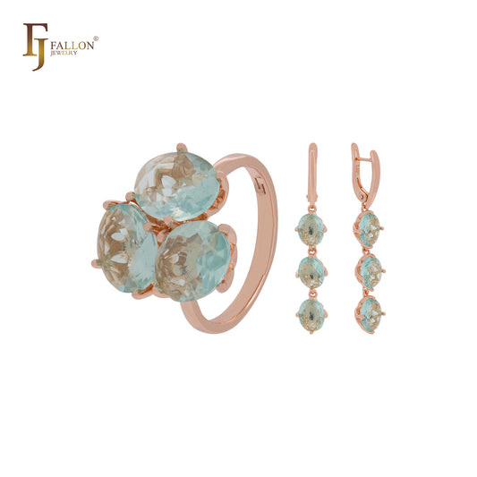 Dreifach großes Cluster apfelgrüner Zirkonia Roségold-Schmuckset mit Ringen