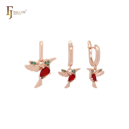 Humming Bird of Colorful CZs Rose Gold Jewelry Set with Pendant