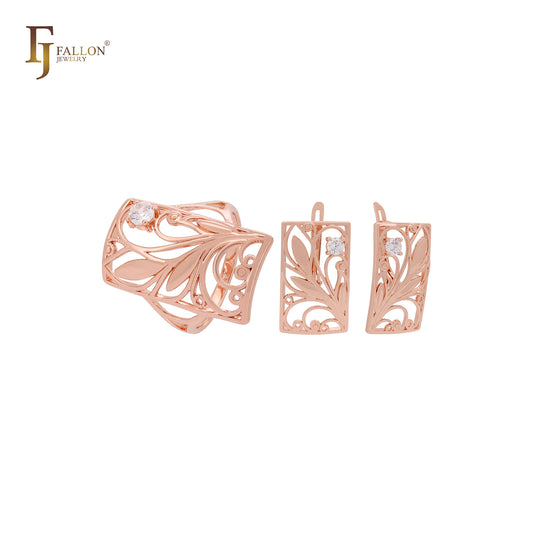 Conjunto de joyas de oro rosa con anillos de filigrana cuadrada de hojas y ramas