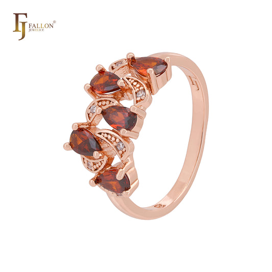 Anillos de moda lujosos de oro rosa con circonitas rojas en racimo
