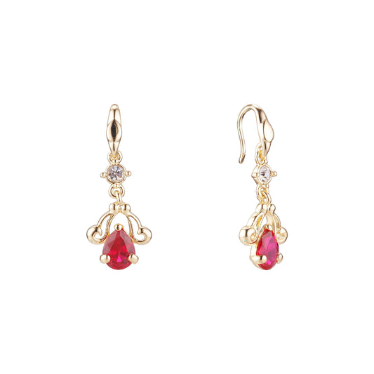Dangle wire hook 14K Gold earrings red teardrop cz