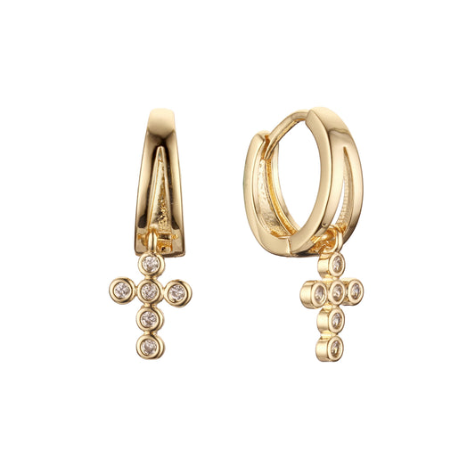 Huggie cluster cross earrings in 14K Gold, Rose Gold plating colors