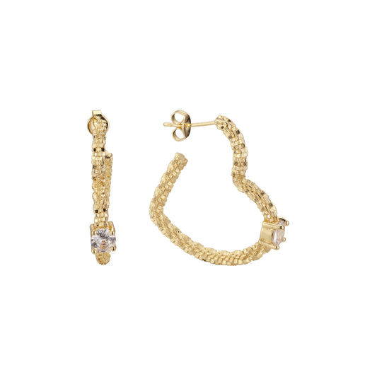 C hoop heart solitaire earrings in 14K Gold, Rose Gold plating colors