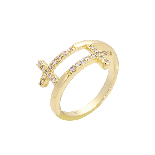 Double cross paved white CZs 14K Gold, Rose Gold rings
