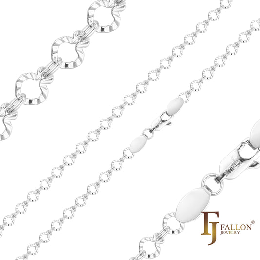 Sunburst hammered Shell fancy link chains plated in White Gold, 14K Gold, Rose Gold