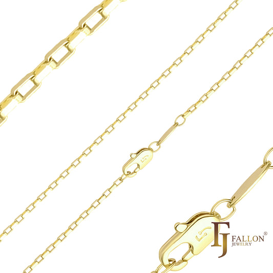 Oblong Box link chains plated in White Gold, 14K Gold, Rose Gold