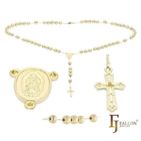 Italian Virgin of Guadalupe Catholic Rosary Necklace (Brushed Grooved Beads) plated in 14K Gold two tone