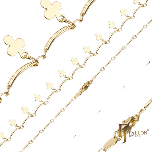 Fancy bar and clover link chains plated in 14K Gold, Rose Gold