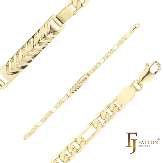 フィガロ リンク メンズ ID ブレスレット、14K ゴールドメッキ