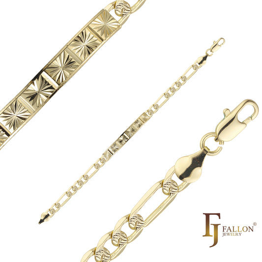 Figaro link Men's ID bracelets plated in 14K Gold colors