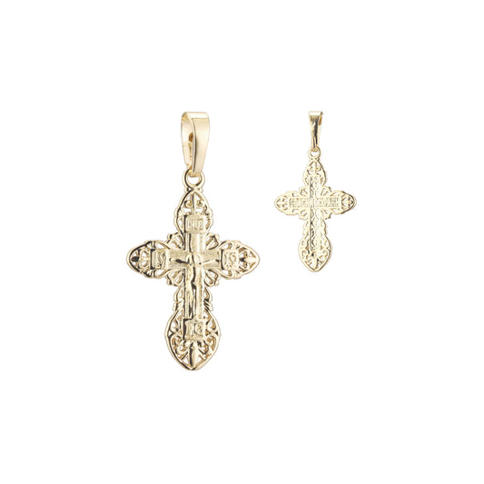 Orthodoxes Kruzifix von Jesus Kreuz 14K Gold, Roségold, Weißgold, zweifarbiger Anhänger