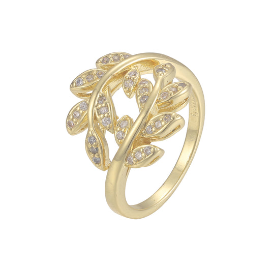 Folhas luxuosas pavimentadas branco cz ouro 14K, ouro rosa, ouro 18K anéis da moda