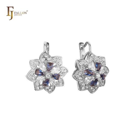 Aretes de flor de racimo de girasol en colores de baño de Oro 14K, oro blanco, oro rosa