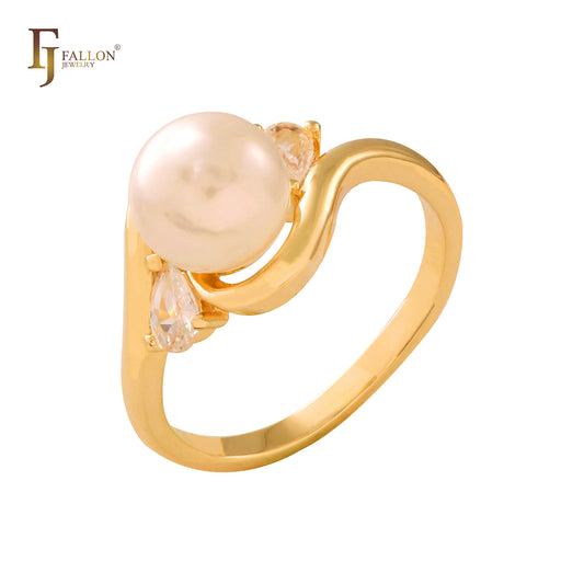 Solitaire Pearl sided with white CZs 14K Gold rings