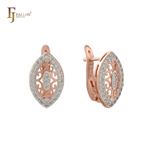 Marquise Filigree Halo white CZs 14K Gold two tone Earrings