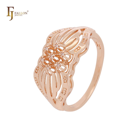 Anéis de ouro 14K em dois tons com zircônias cúbicas brancas e flores desabrochando