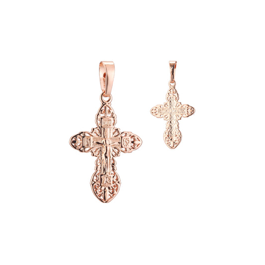 Orthodoxes Kruzifix von Jesus Kreuz 14K Gold, Roségold, Weißgold, zweifarbiger Anhänger