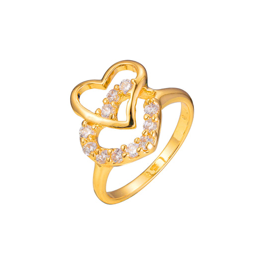 Double heart rings paving stones in 18K Gold, Rose Gold plating colors