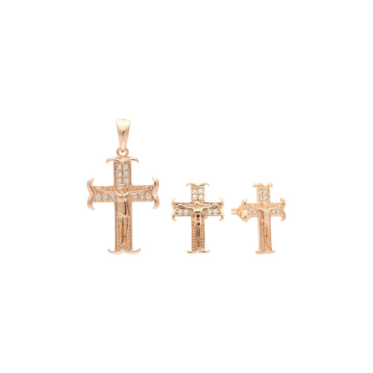 Russian Orthodox Crucifix Cross Jewelry Set plated in 14K Gold, Rose Gold