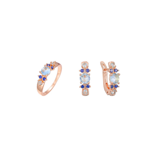 Conjunto de racimo de piedras azules mixtas de oro rosa