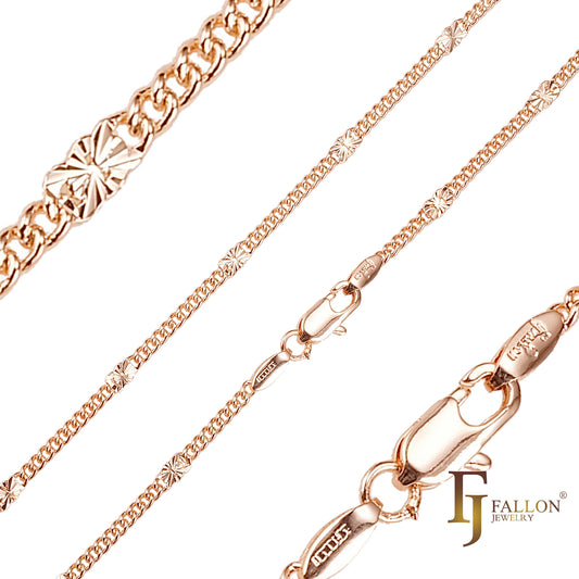 Sunflower fancy link chains plated in 14K Gold, Rose Gold, two tone, White Gold