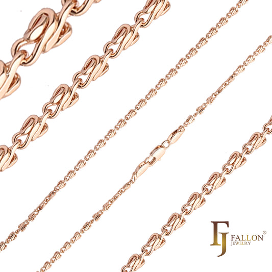 Snail cable link flank hammered chains plated in Rose Gold, White Gold