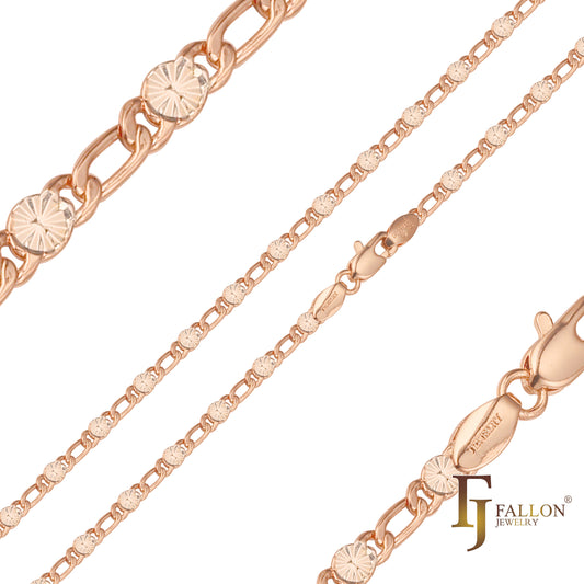 🔥 Figaro Fancy link sunburst hammered chains plated in 14K Gold, Rose Gold, two tone