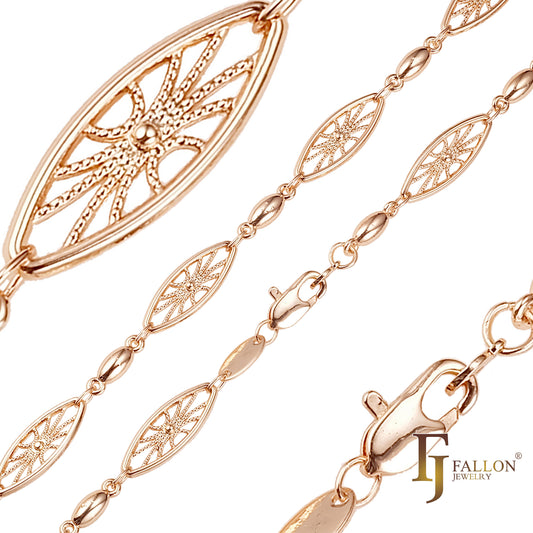 Beads fancy net filigree link chains plated in White Gold, 14K Gold, Rose Gold, two tone