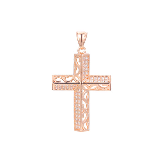 Filigree paved White CZ Rose Gold cross pendant