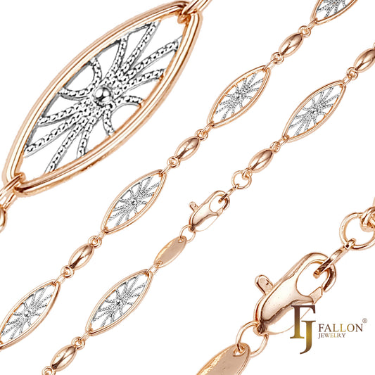Beads fancy net filigree link chains plated in White Gold, 14K Gold, Rose Gold, two tone