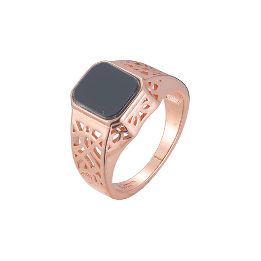 Men's black stone signet oil rings plated in Rose Gold