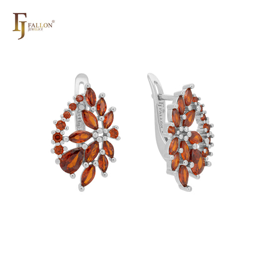 Brincos de flor de cluster de czs vermelhos em ouro 14K, ouro rosa e ouro branco
