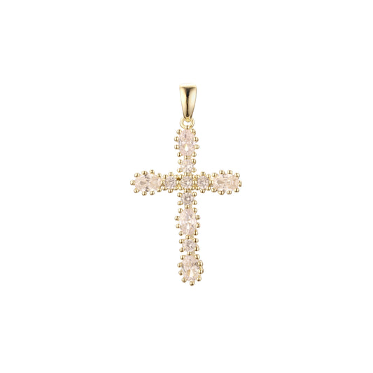 Big Radiant Cut Cluster white CZs Rose Gold, 14K Gold Latin Cross Pendant
