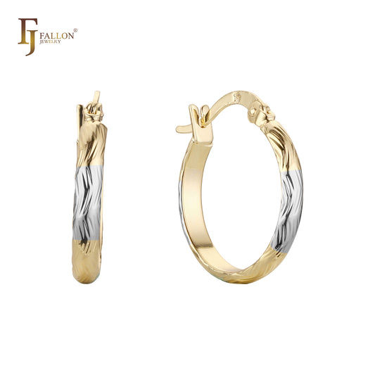 Glossy and zigzag textured 14K Gold two tone Hoop Earrings