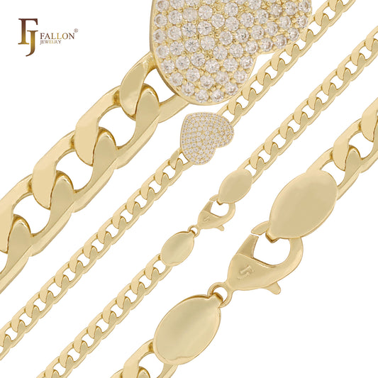 Cluster white CZs heart curb link 14K Gold chains